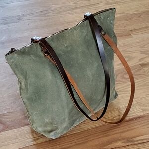 Inblue Handcrafted Waxed Canvas Tote Bag, Leather Straps/Bottom, Olive, EUC